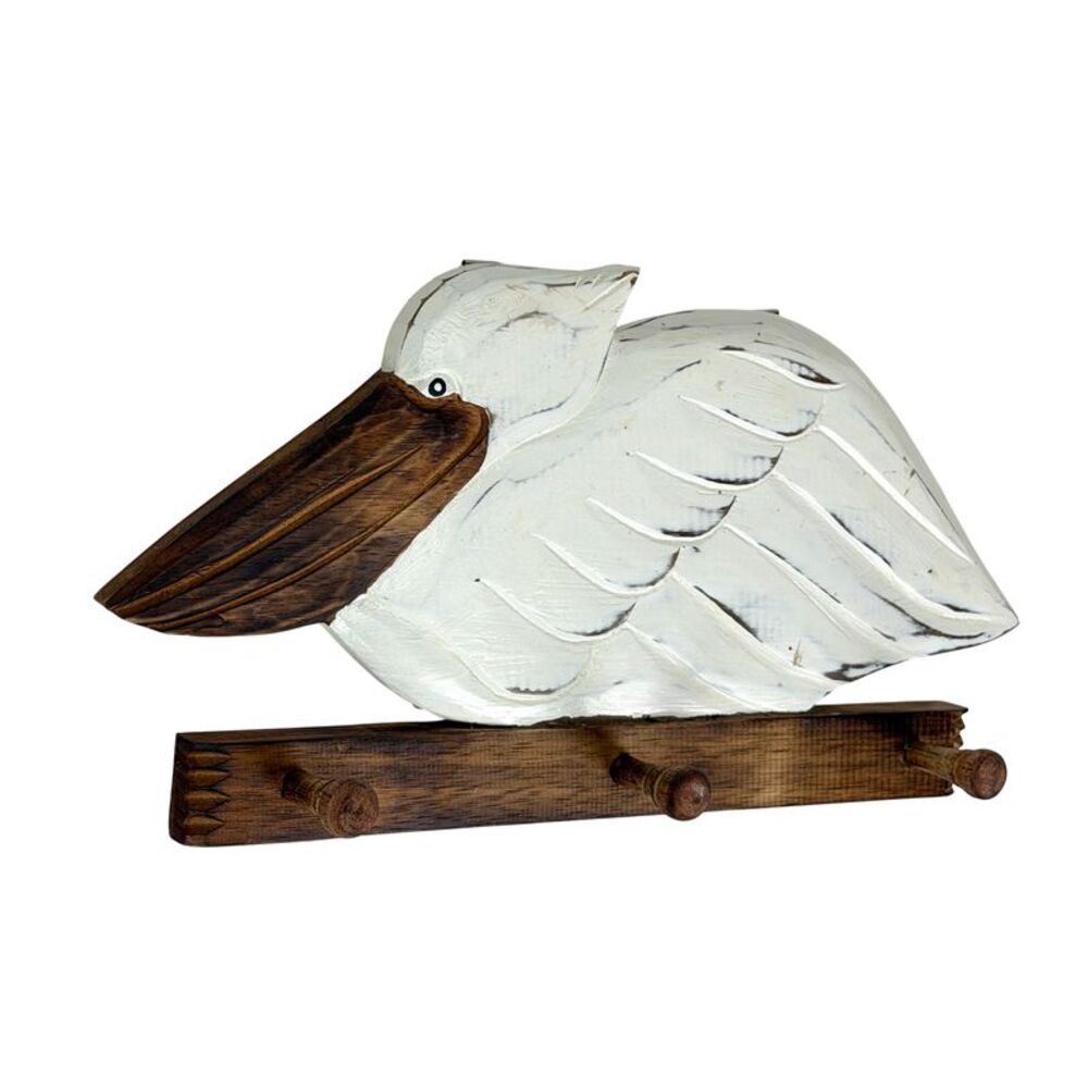 Pelican Wall Hook Rack 3 Peg Weathered White Wood Coastal 15.75 Inch